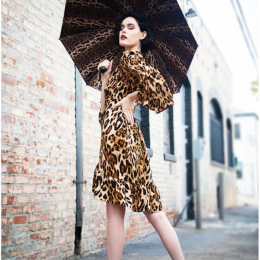 Dalia Macphee Women's Size L Leopard Print Bell Sleeve Wrap Dress Midi